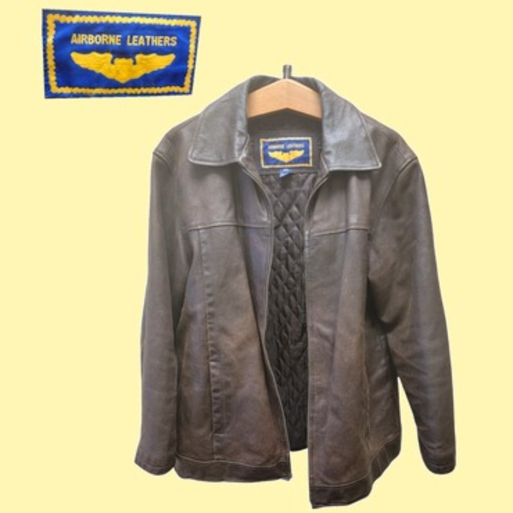 Airborne Leathers brown leather bomber jacket coat size L
